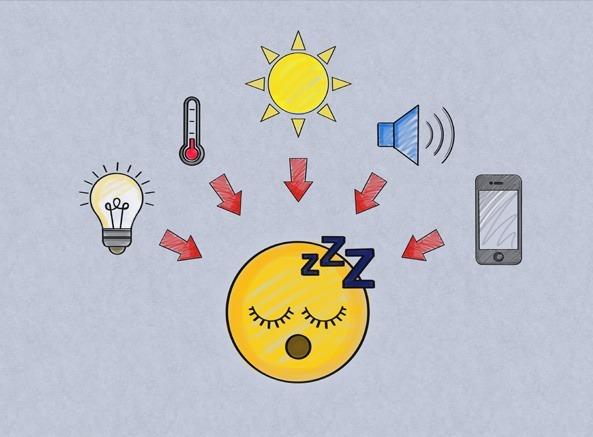 Illustration of sleep disruptors, showing sun, thermometer, speaker, light bulb, and smartphone with red arrows pointing to a sleeping face and ZZZ