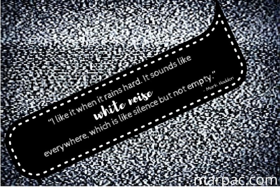 TV static background with a diagonal black banner reading “white noise” and a quoted line about rain attributed to Mark Haddon