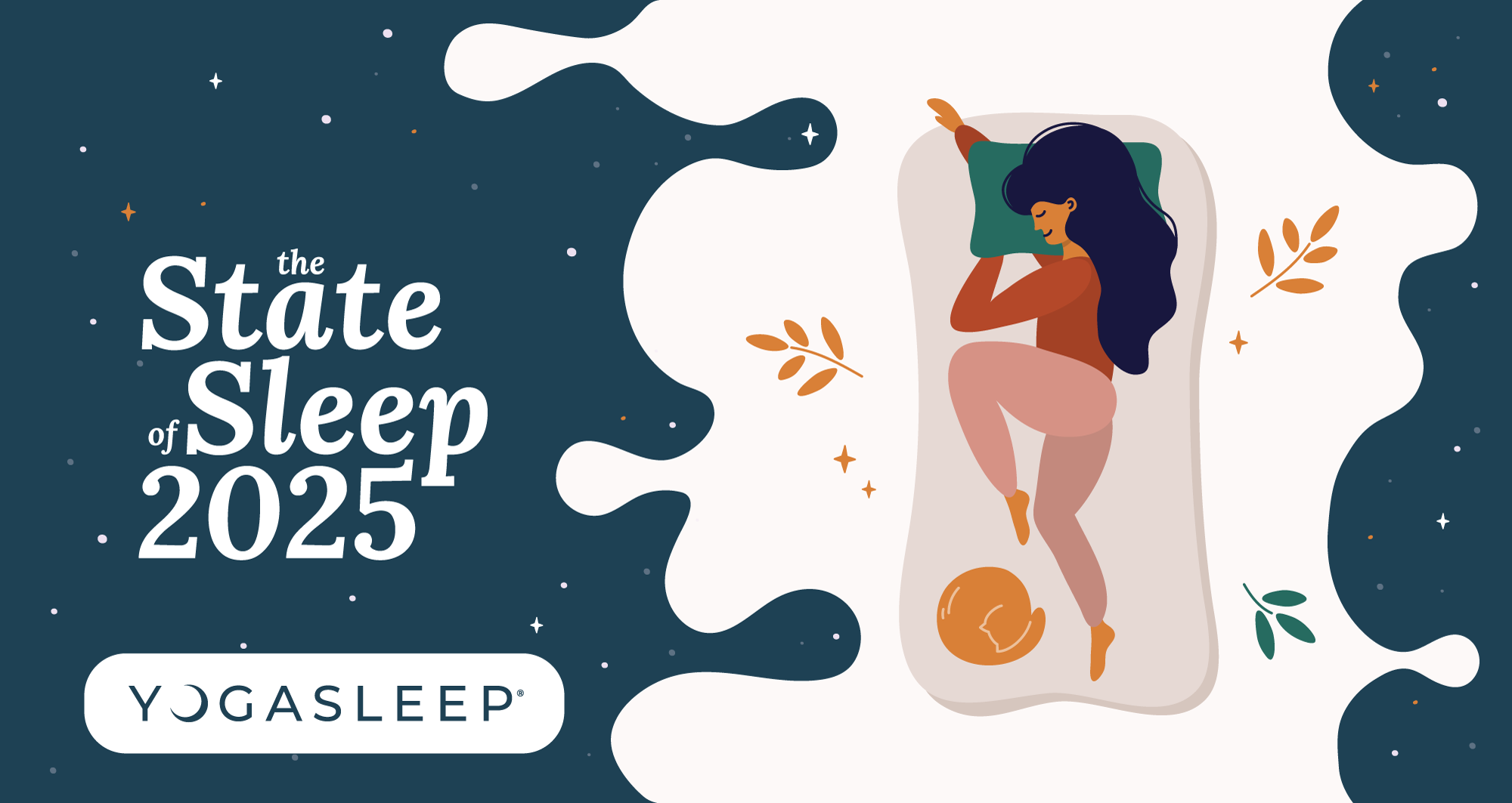 Hero banner with stylized illustration of a woman sleeping on a mattress, decorative stars and leaves, and the Yogasleep logo
