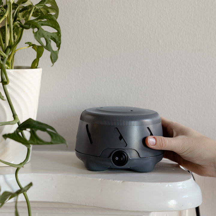 Front view of Dohm Uno white noise machine showing power dial and charcoal finish with hand on unit on a white shelf and potted plant at left