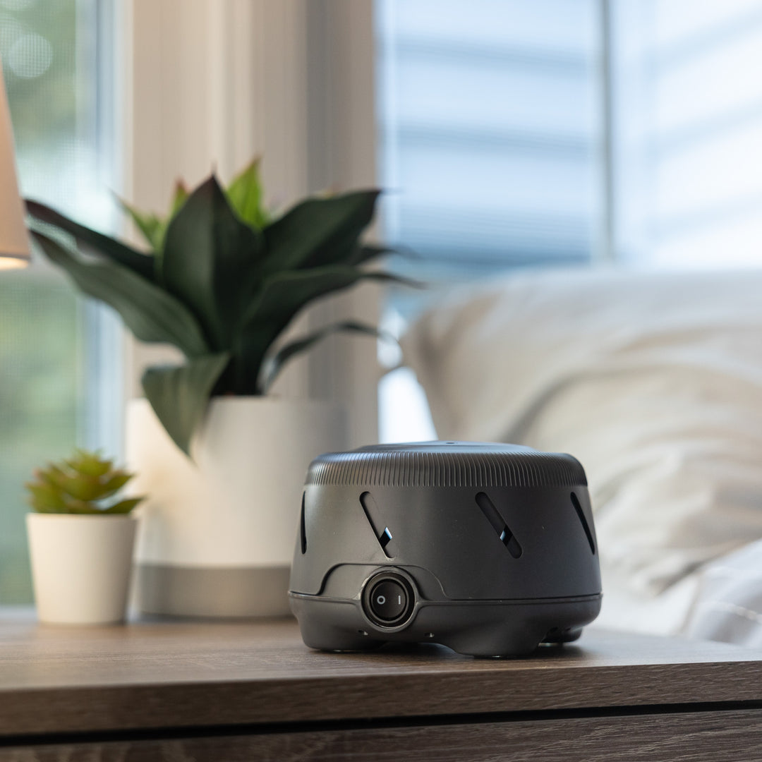 Low front view of Dohm Uno white noise machine in charcoal showing power dial on a bedside table with plant and pillow behind