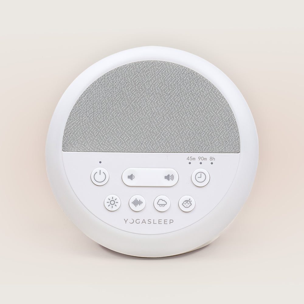 Front view of Nod sound machine showcasing speaker grill, control buttons and timer markings on a beige background
