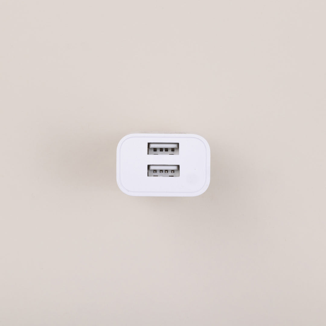 Top-down view of USB power adapter showing two USB-A ports on a neutral beige background