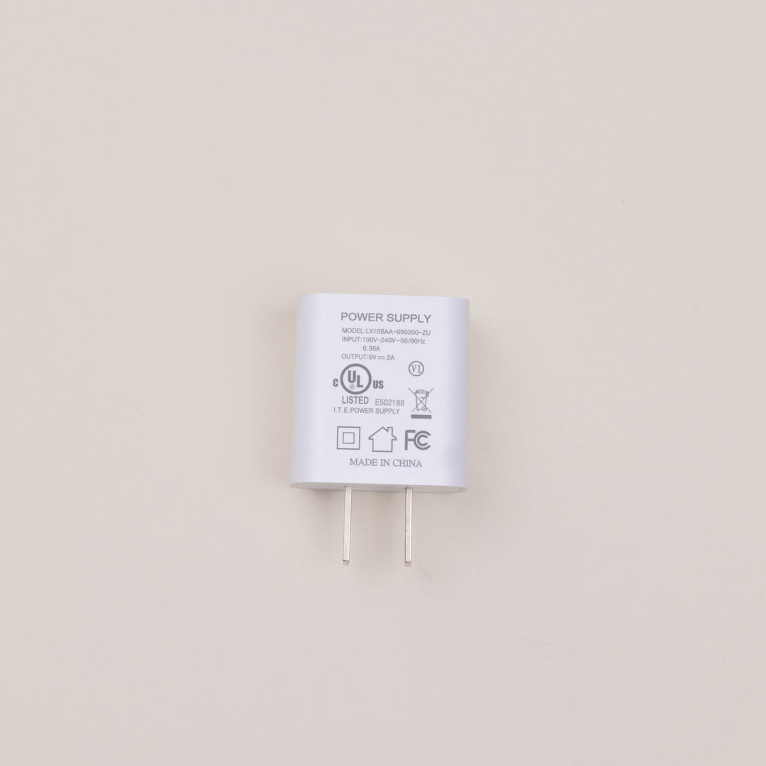 Back view of white USB power adapter showing regulatory text and two flat US prongs on a light beige background