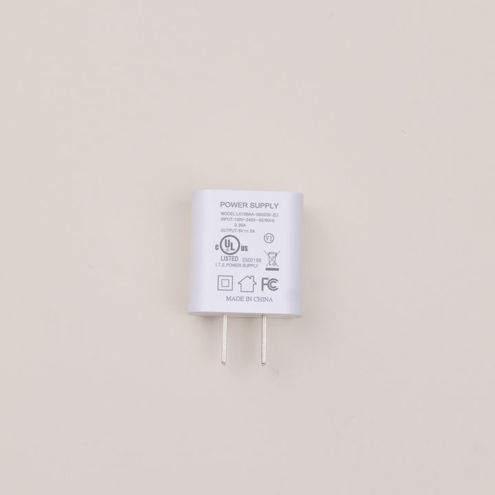 Back view of white USB power adapter showing regulatory text and two flat US prongs on a light beige background