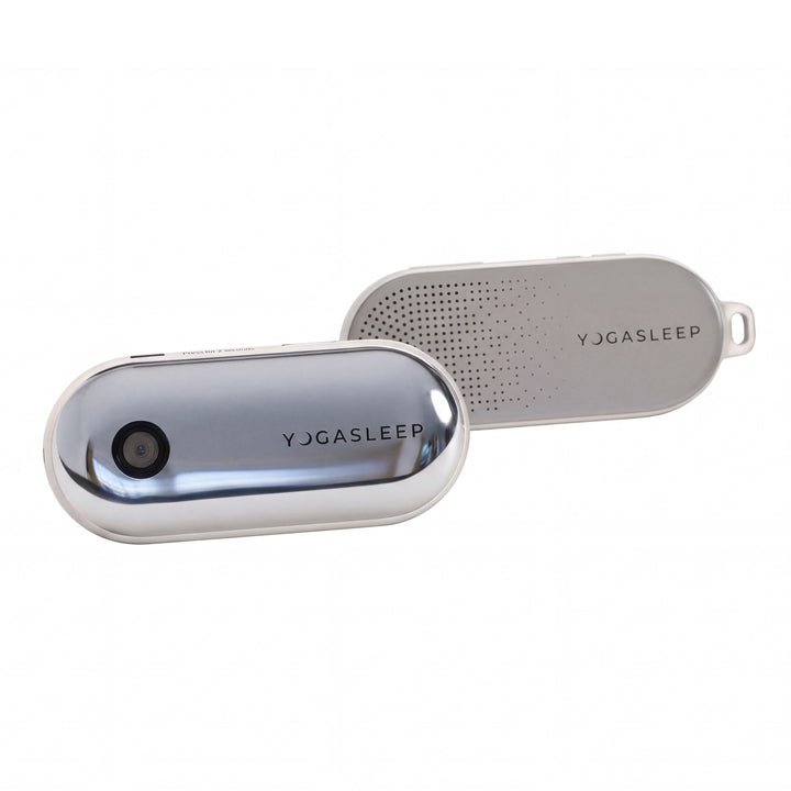 Front and back views of Vue Video and Audio Smart Baby Monitor and Sleep Coaching System showing camera lens and speaker grille on white background