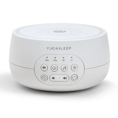 Dreamcentre - A White Yogasleep sound machine with buttons and timer settings.