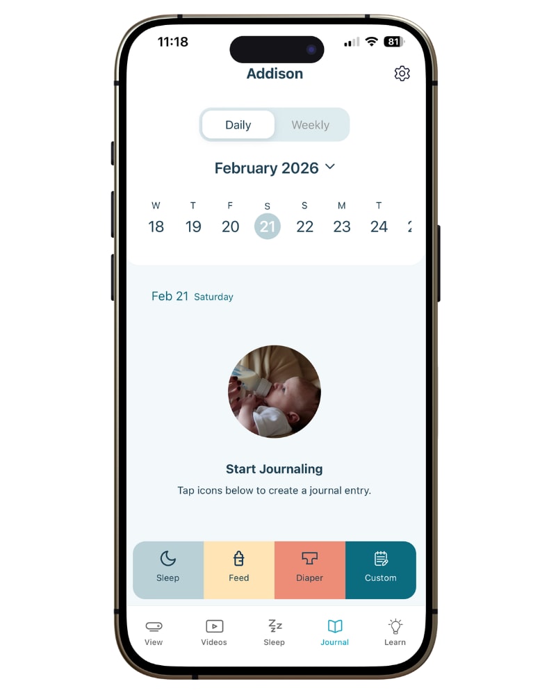 Vue sleep coaching app showing a baby's sleep journal