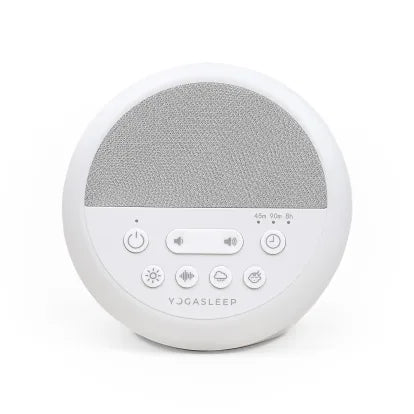 Nod - White round sound machine with buttons and speaker grille.
