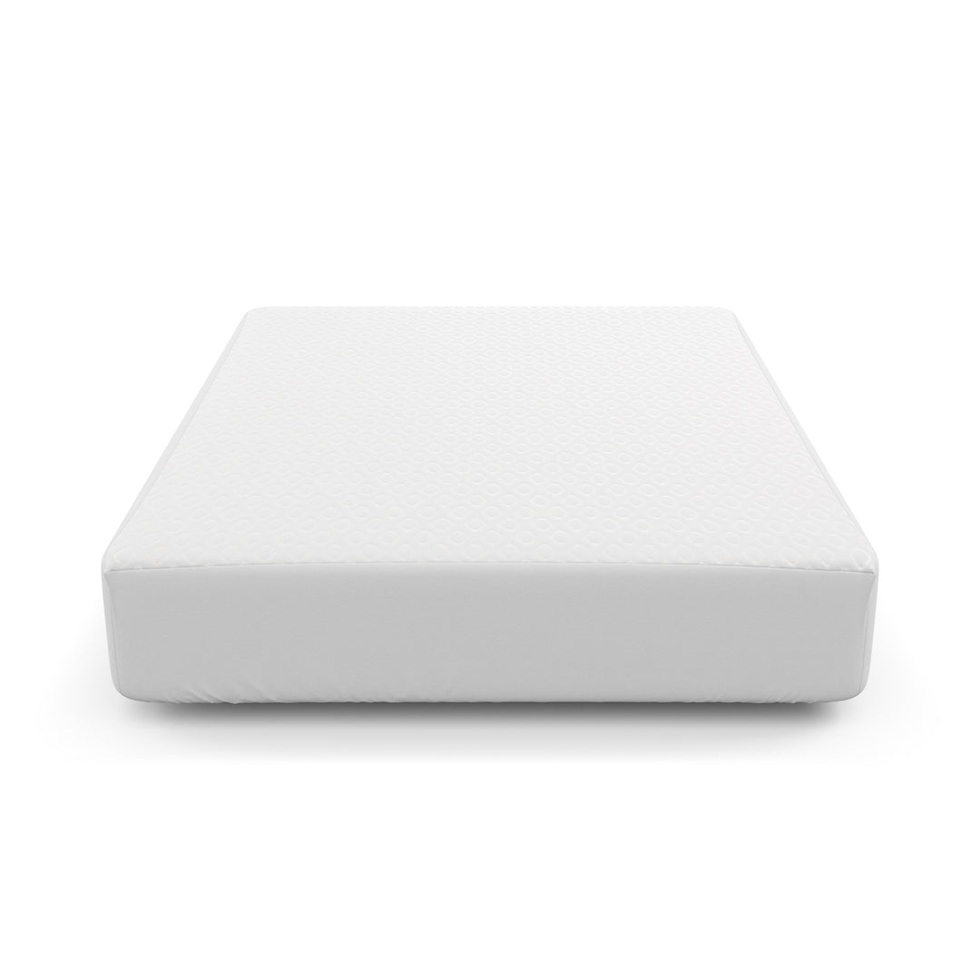 Angled view of Yogabed Ultra Cool Waterproof Mattress Protector showcasing its fitted mattress shape on a white background