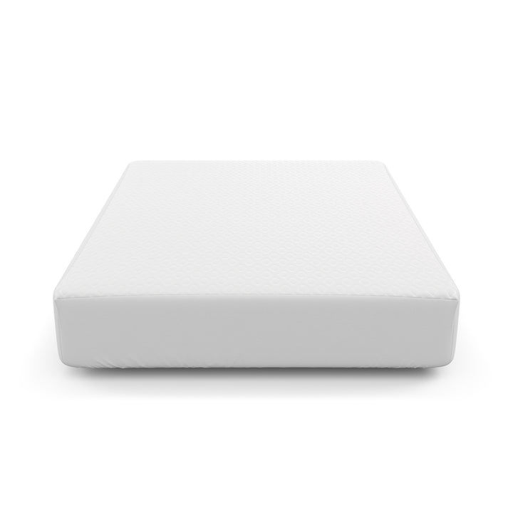 Angled view of Yogabed Ultra Cool Waterproof Mattress Protector showcasing its fitted mattress shape on a white background