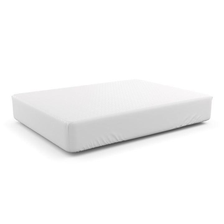 Angled view of Yogabed Ultra Cool Waterproof Mattress Protector showing its white, low-profile shape on a white background
